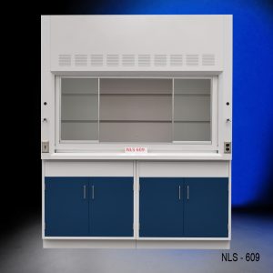 Front view of a 6 foot x 4 foot Fisher American fume hood with two general storage cabinets that have blue doors and silver handles.