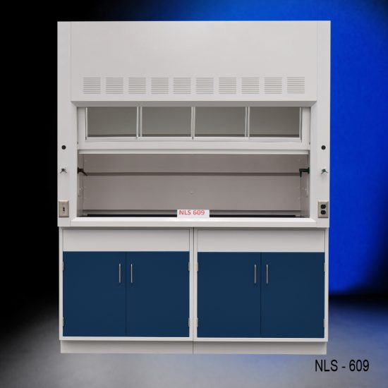 Front view of a 6 foot x 4 foot Fisher American fume hood with two general storage cabinets that have blue doors and silver handles.