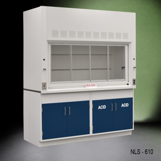 Angled view of 6 Foot Fisher American Fume Hood with one acid cabinet and one general storage cabinet