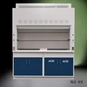 Front view of 6 Foot Fisher American Fume Hood with one acid cabinet and one general storage cabinet