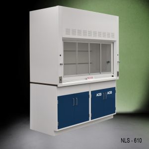 Angled view of 6 Foot Fisher American Fume Hood with one acid cabinet and one general storage cabinet