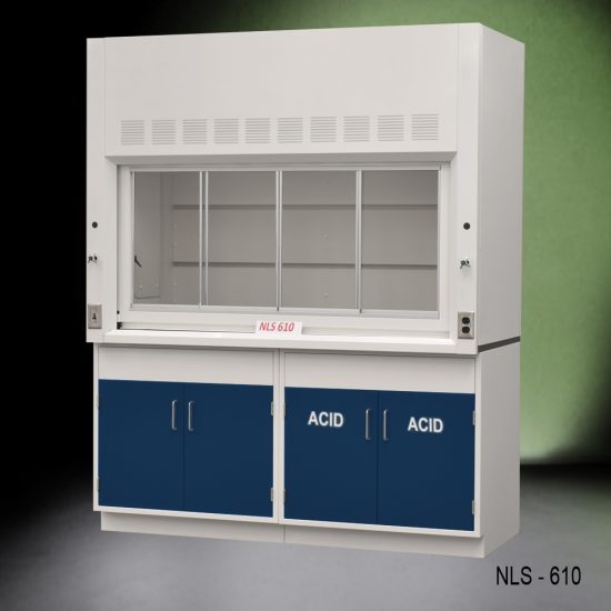 Angled view of 6 Foot Fisher American Fume Hood with one acid cabinet and one general storage cabinet