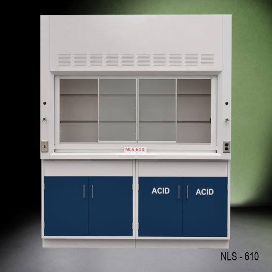 Front view of 6 Foot Fisher American Fume Hood with one acid cabinet and one general storage cabinet