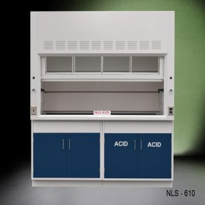 Front view of 6 Foot Fisher American Fume Hood with one acid cabinet and one general storage cabinet. Sash is partially open.