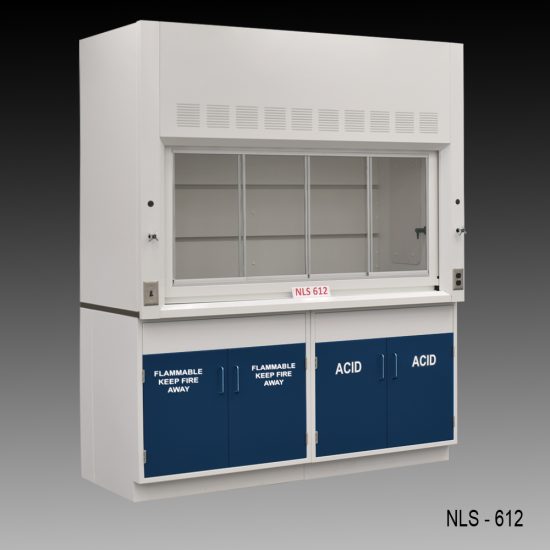 Front view of a 6 Foot Fisher American Fume Hood with one flammable storage cabinet and one acid cabinet