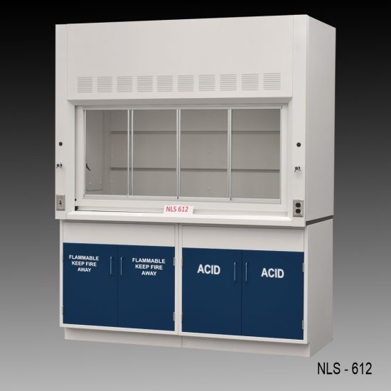 Front view of a 6 Foot Fisher American Fume Hood with one flammable storage cabinet and one acid cabinet