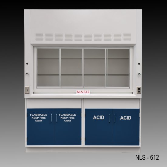 Front view of a 6 Foot Fisher American Fume Hood with one flammable storage cabinet and one acid cabinet. Sash closed.