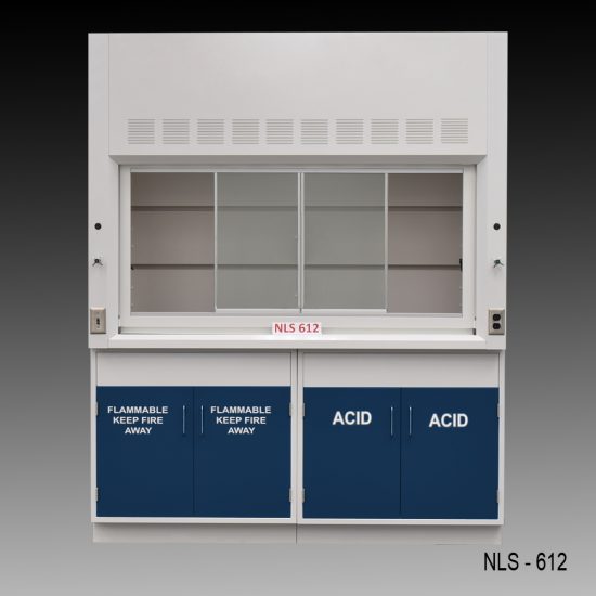 Front view of a 6 Foot Fisher American Fume Hood with one flammable storage cabinet and one acid cabinet