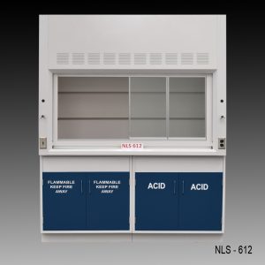 Front view of a 6 Foot Fisher American Fume Hood with one flammable storage cabinet and one acid cabinet. Sliding sash door.