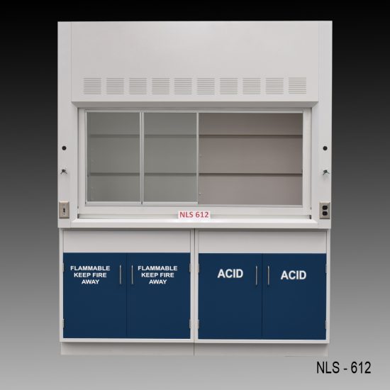 Front view of a 6 Foot Fisher American Fume Hood with one flammable storage cabinet and one acid cabinet