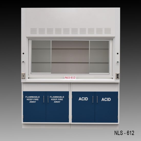 Front view of a 6 Foot Fisher American Fume Hood with one flammable storage cabinet and one acid cabinet