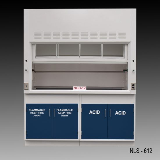 Front view of a 6 Foot Fisher American Fume Hood with one flammable storage cabinet and one acid cabinet. Sash partially open