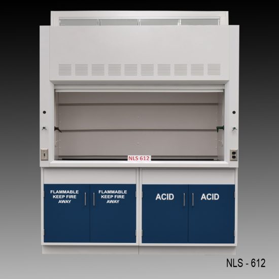 Front view of a 6 Foot Fisher American Fume Hood with one flammable storage cabinet and one acid cabinet