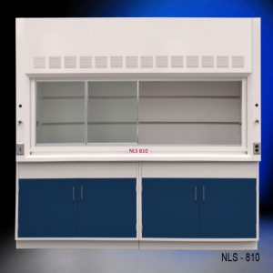 Front view of 8 Foot Fisher American Fume Hood with two general storage cabinets. Sash is partially open.