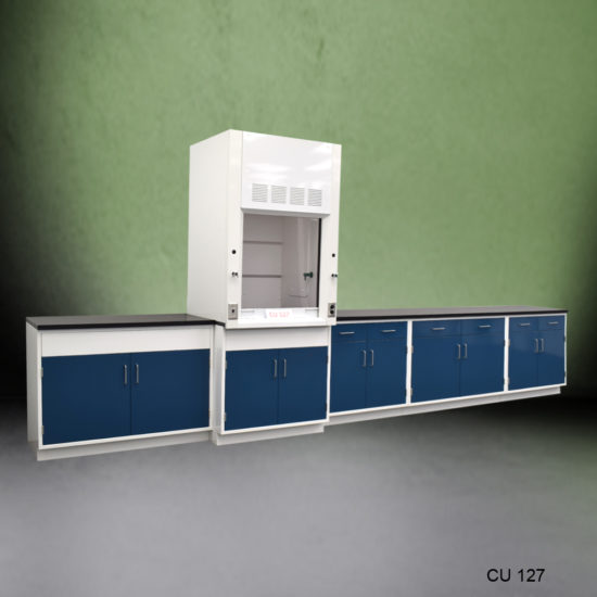 3' Fisher American Fume Hood w/ 14' Cabinets at an angle
