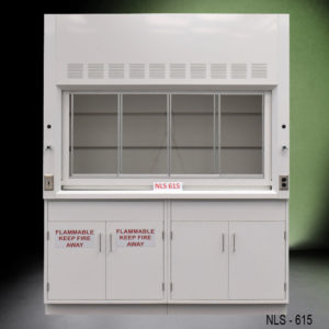 Front view of 6′ x 4′ Fisher American Fume Hood w/ Flammable & General Cabinet