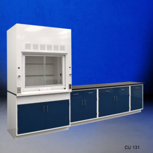 4' Fisher American Fume Hood w/ 9' Storage Cabinets Left Side Angled View