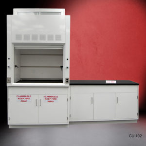 4′ Fisher American Fume Hood w/ Flammable Storage & 5′ Cabinets front