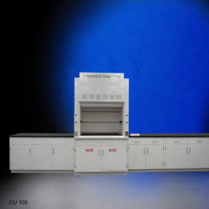 4′ Fisher American Fume Hood w/ Acid Storage & 15′ Cabinets front