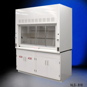 Angled view of 6′ Fisher American Fume Hood w/ Acid & General Storage