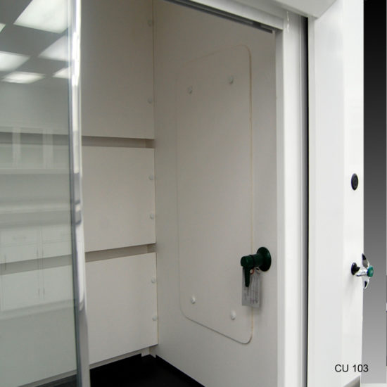 View of 4' Fisher American Fume Hood w/ 10' Cabinets from inside