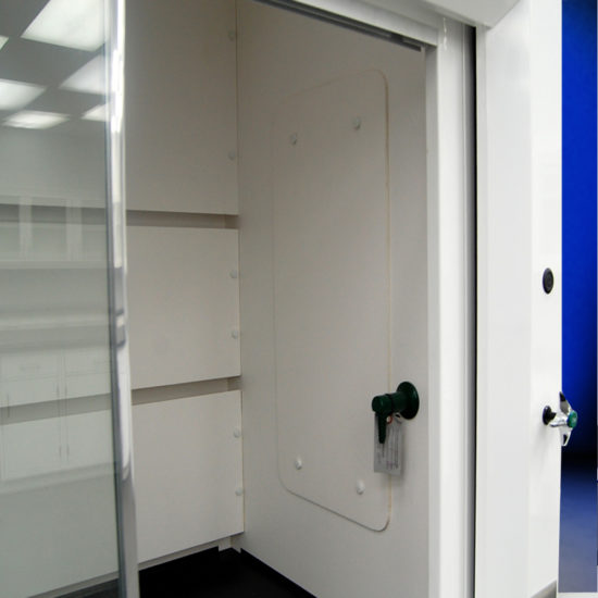 4′ Fisher American Fume Hood w/ Flammable Storage & 10′ Cabinets inside view