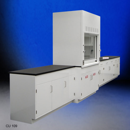 4′ Fisher American Fume Hood w/ Acid Storage & 15′ Cabinets Side View at an Angle