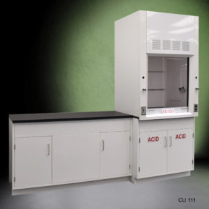 Slight angle front view of 3′ Fisher American Fume Hood w/ Acid Storage & 5′ Cabinets