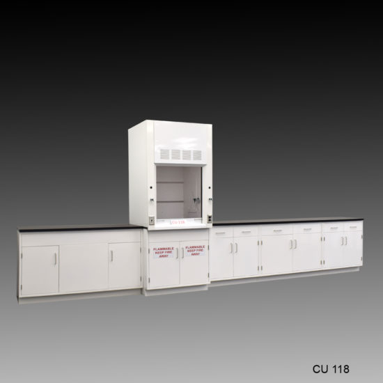 Alternate Full Angled View of 3′ Fisher American Fume Hood w/ 15′ Cabinets & Flammable Storage