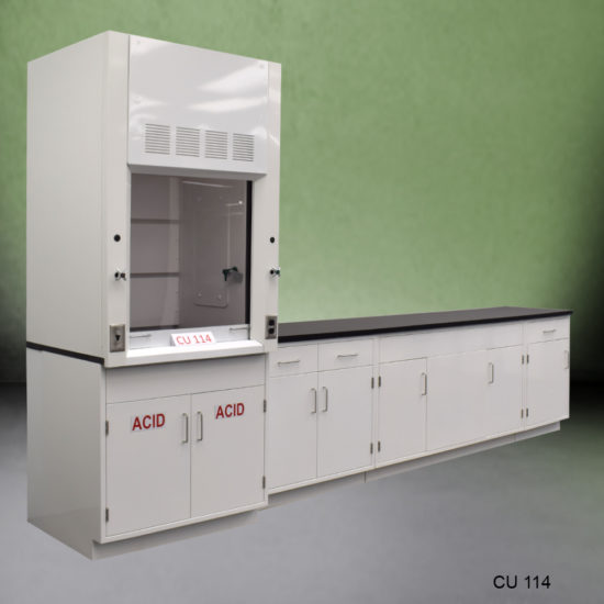 Side front angle view of 3′ Fisher American Fume Hood w/ 10′ Cabinets & Acid Storage