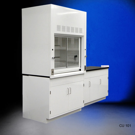 Side of CU101 4' Fisher American Fume Hood w/ 5' General Cabinets