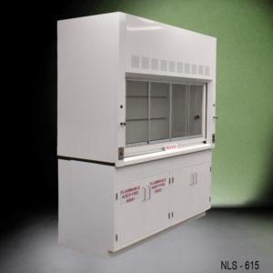 Side angle view of 6′ x 4′ Fisher American Fume Hood w/ Flammable & General Cabinet