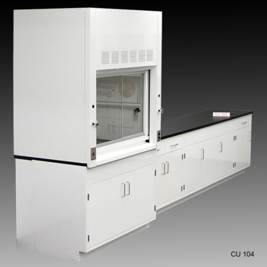 4' Fisher American Fume Hood w/ 10' Cabinets Side View