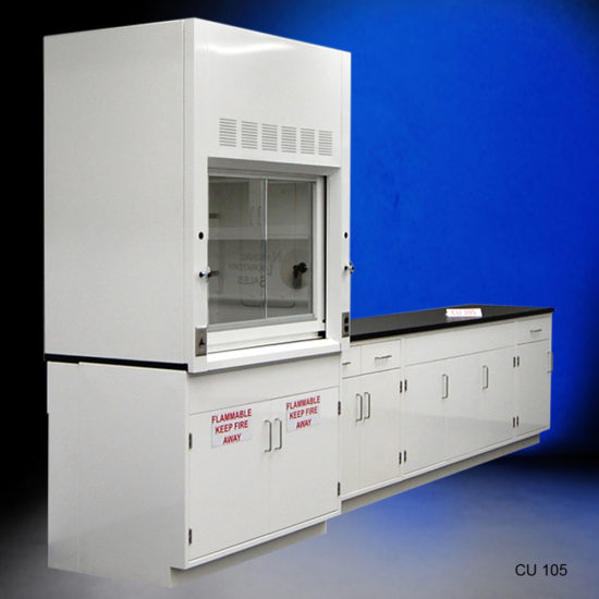 4′ Fisher American Fume Hood w/ Flammable Storage & 10′ Cabinets side