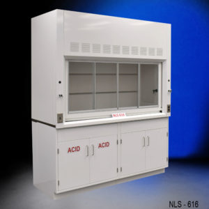 Angle view of 6′ Fisher American Fume Hood w/ Acid & General Storage