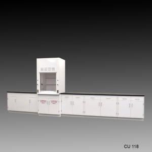 Full View of 3′ Fisher American Fume Hood w/ 15′ Cabinets & Flammable Storage