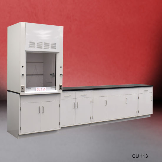 Angled front vierw of 3′ Fisher American Fume Hood w/ 10′ Cabinets & General Storage