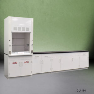 Ange front view of 3′ Fisher American Fume Hood w/ 10′ Cabinets & Acid Storage