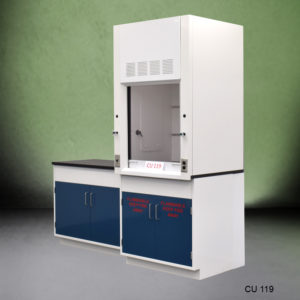 3′ Fisher American Fume Hood w/ Flammable Storage & 4′ Cabinet Group angle front