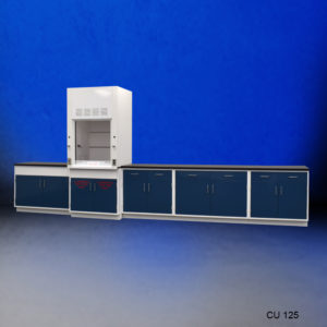 3′ Fisher American Fume Hood w/ 14′ Cabinets & Flammable Storage slight angle front view