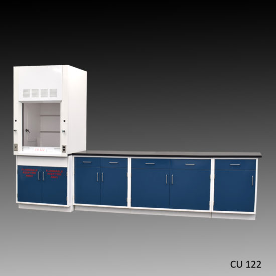 CU 122 Fume Hood With Blue Cabinets and Stoage