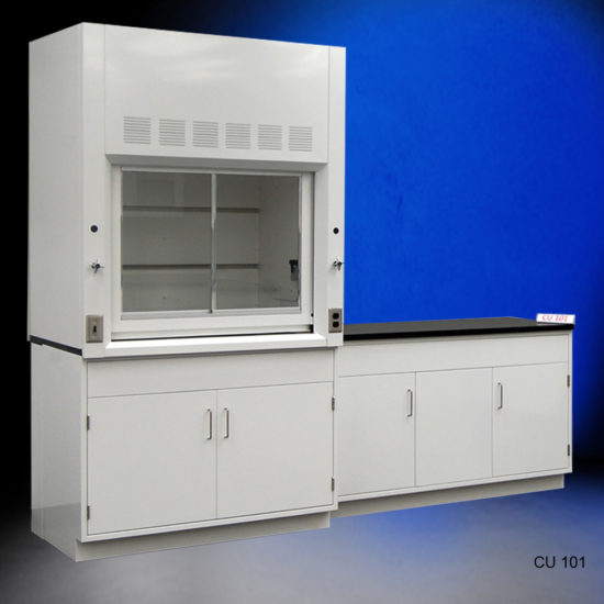 Front angle view of 4' Fisher American Fume Hood w/ 5' General Cabinets CU 101