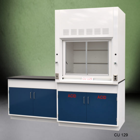 Slight Side Angle View of 4′ Fisher American Fume Hood w/ Acid Storage & 4′ Cabinets