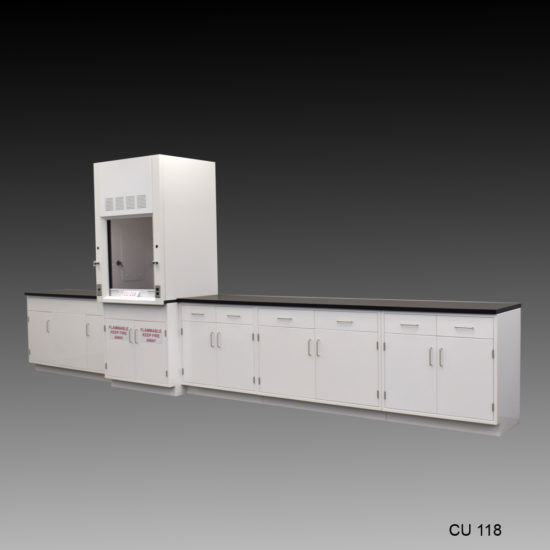 Angled full view of 3′ Fisher American Fume Hood w/ 15′ Cabinets & Flammable Storage