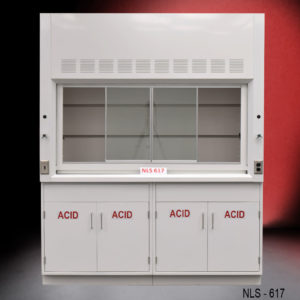 View of the front of 6′ Fisher American Fume Hood w/ Acid Storage