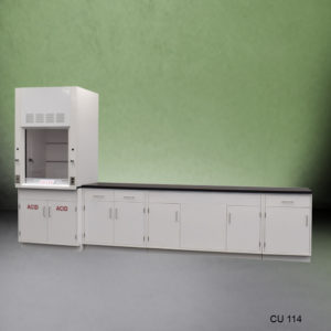 Front of 3′ Fisher American Fume Hood w/ 10′ Cabinets & Acid Storage