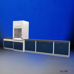 3′ Fisher American Fume Hood w/ 14′ Cabinets & Flammable Storage angled front view