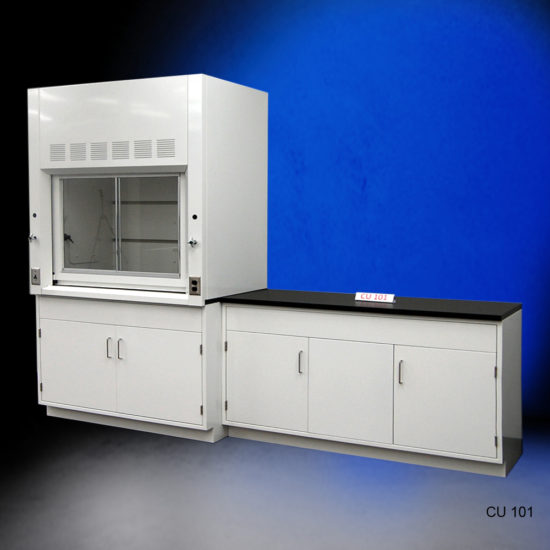 Front angled View of 4' Fisher American Fume Hood w/ 5' General Cabinets