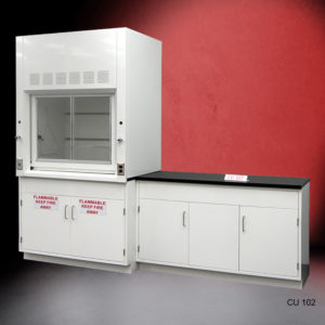 4′ Fisher American Fume Hood w/ Flammable Storage & 5′ Cabinets Front View Red Background