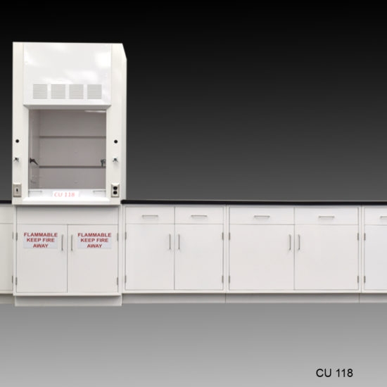 Right side of 3′ Fisher American Fume Hood w/ 15′ Cabinets & Flammable Storage